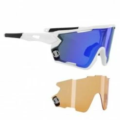 Marque Lunettes Velo Adulte Newton Nagas Monture Blanc 2 Verres Interchangeables Solaire Bleu Et Eclairant Orange